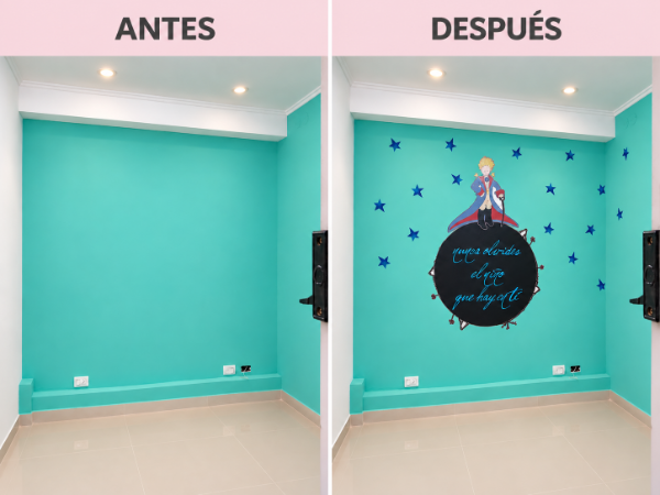 Antes y después de una pared intervenida por XUL Vinilos