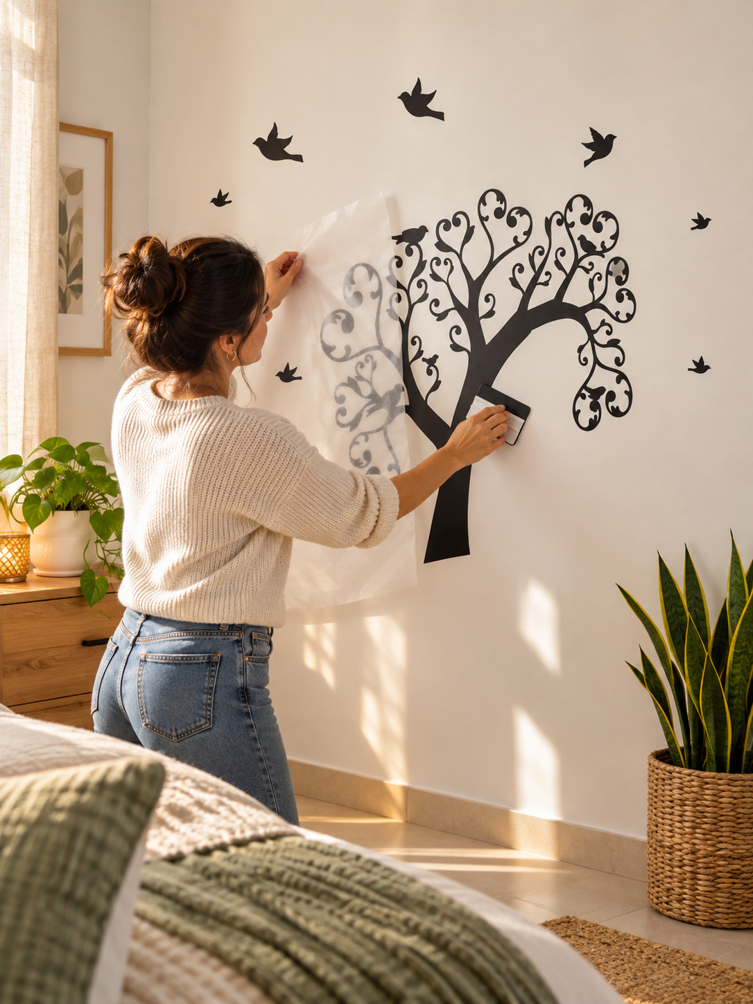 Persona colocando el vinilo Árbol y vida de XUL en una pared