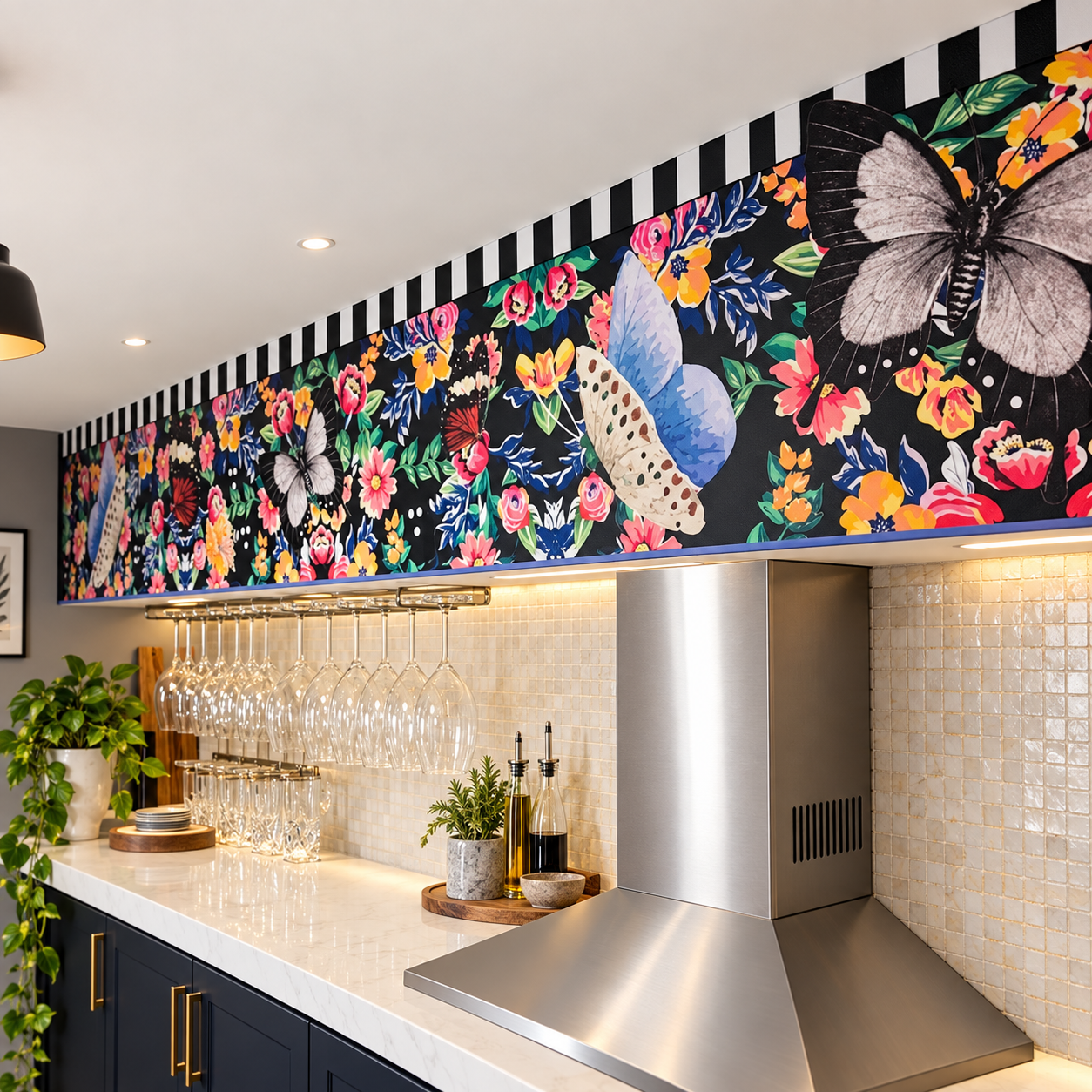 Mural floral con mariposas de XUL aplicado en una cocina